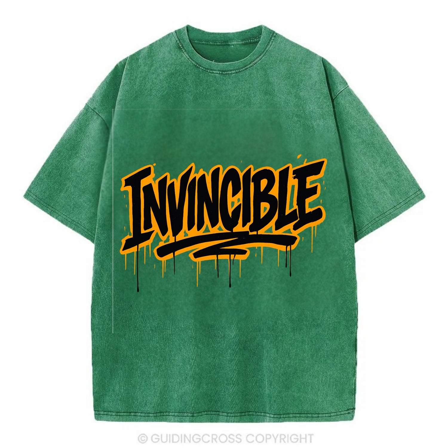 Bold typography design - "INVINCIBLE" - cannot be defeated, unconquerable - Vintage T-shirt - Forest Mist(Green)