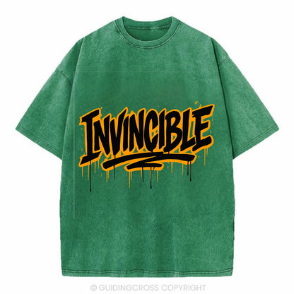 Bold typography design - "INVINCIBLE" - cannot be defeated, unconquerable - Vintage T-shirt - Forest Mist(Green)