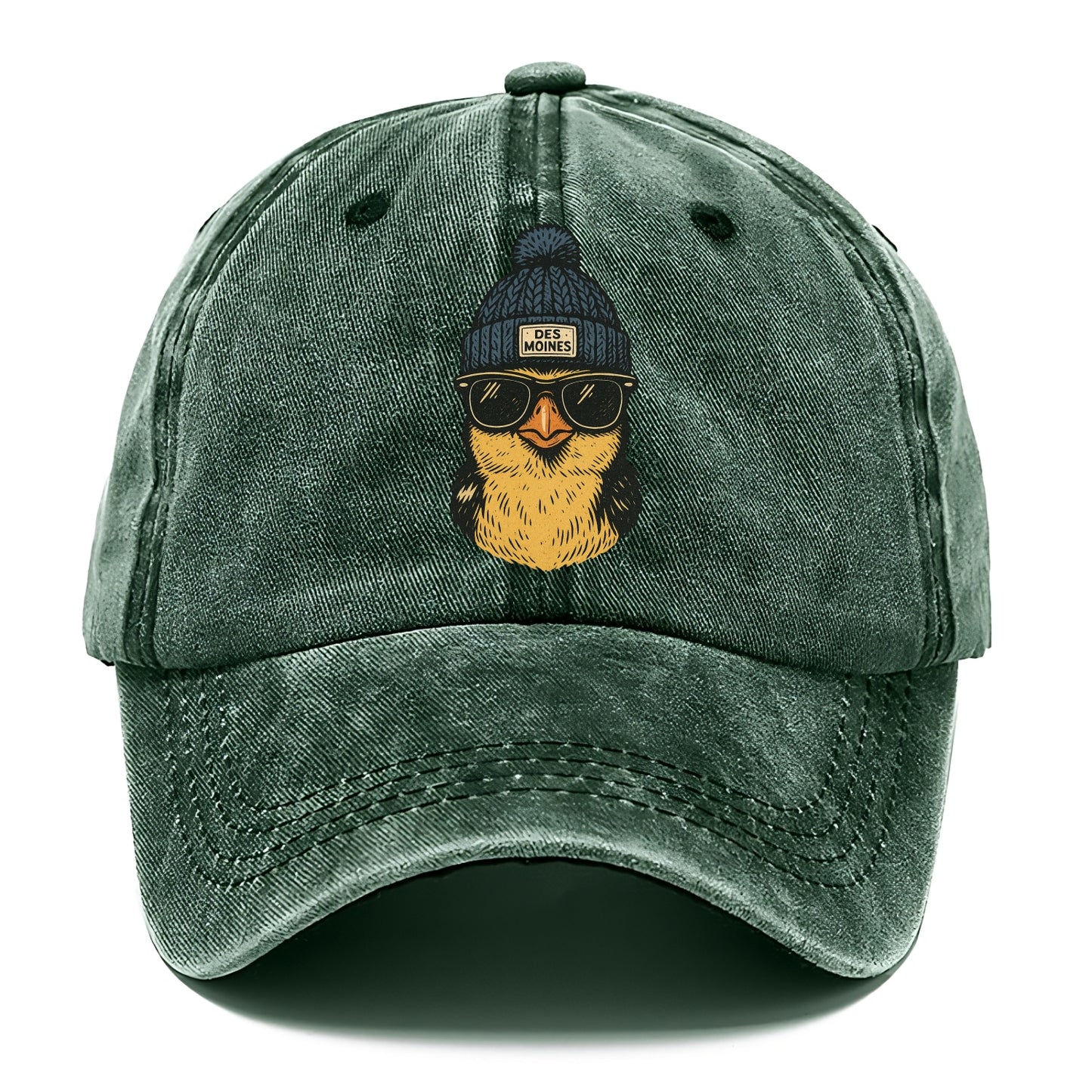 Iowa Goldfinch wearing Des Moines beanie with pom pom and wayfarer sunglasses - Classic Cap - Forest Mist(Green)