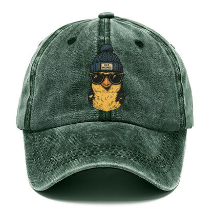 Iowa Goldfinch wearing Des Moines beanie with pom pom and wayfarer sunglasses - Classic Cap - Forest Mist(Green)