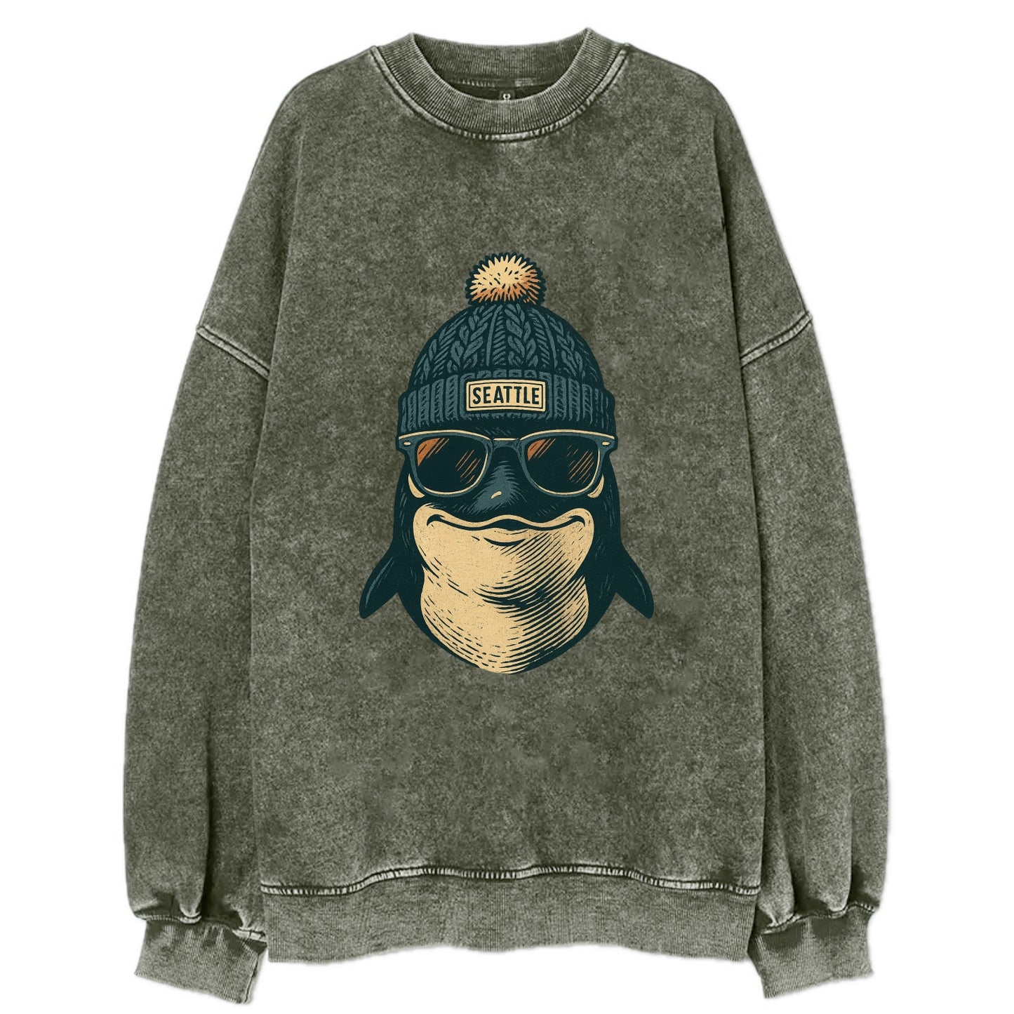 Washington Orca wearing Seattle beanie with pom pom and wayfarer sunglasses - Vintage Sweatshirt - Forest Mist(Green)