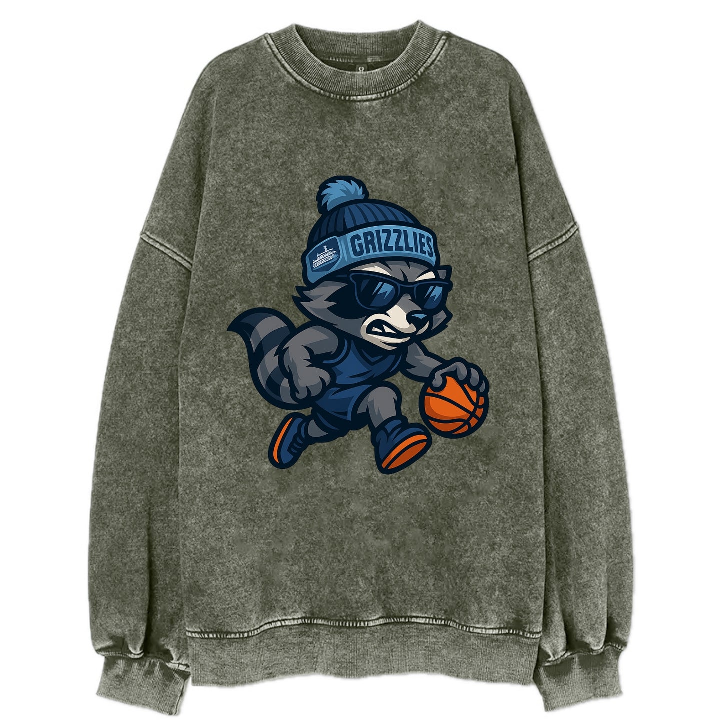 Memphis Raccoon wearing Grizzlies beanie with riverboat patch and wayfarer - Vintage Sweatshirt - Forest Mist(Green)