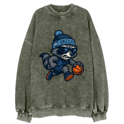Memphis Raccoon wearing Grizzlies beanie with riverboat patch and wayfarer - Vintage Sweatshirt - Forest Mist(Green)
