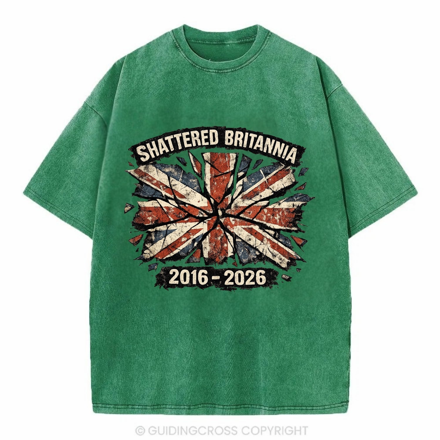 SHATTERED BRITANNIA | Cracked broken Union Jack | Fragmented glass effect | - Vintage T-shirt - Forest Mist(Green)