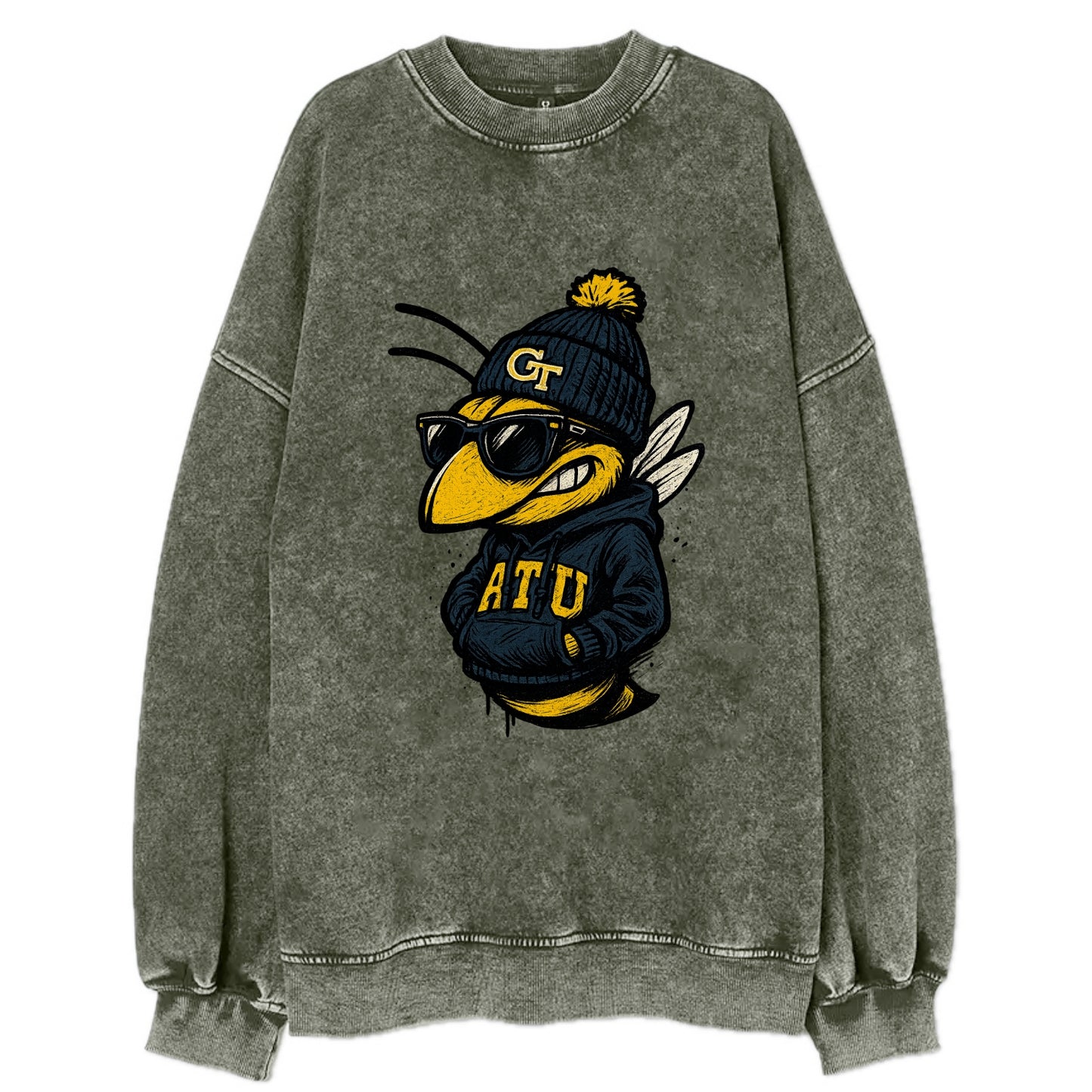 Atlanta Yellow Jacket wearing Georgia Tech beanie with GT patch - Vintage Sweatshirt - Forest Mist(Green)