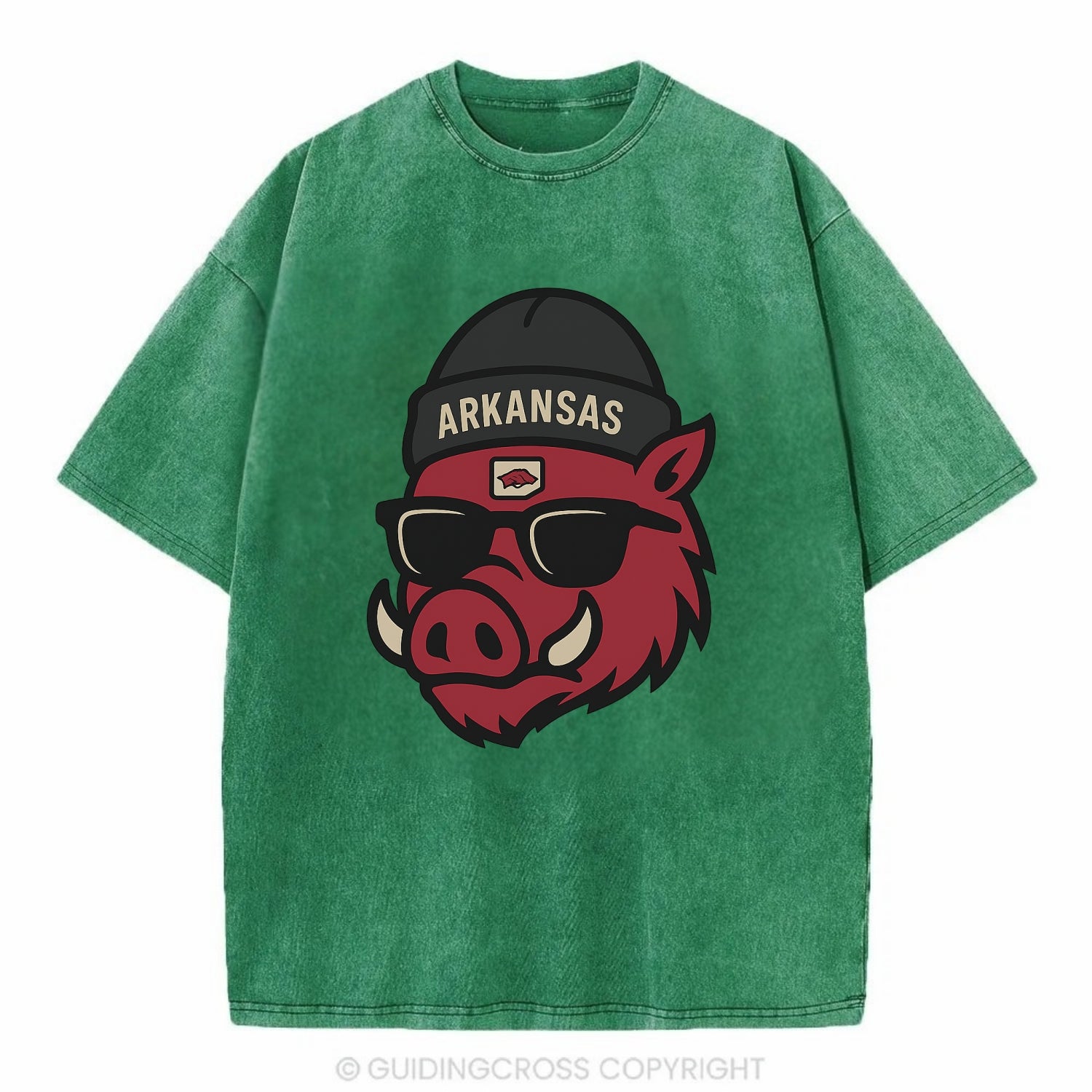 Fayetteville Razorback wearing Arkansas beanie with hog patch - Vintage T-shirt - Forest Mist(Green)