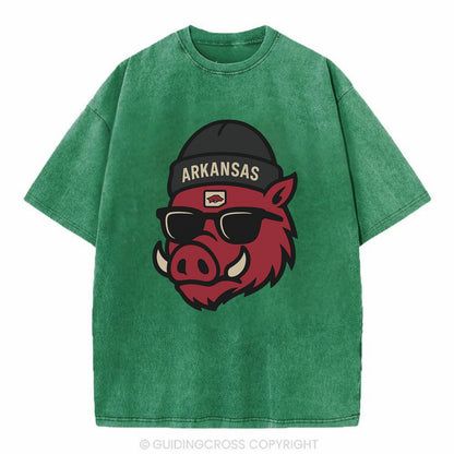 Fayetteville Razorback wearing Arkansas beanie with hog patch - Vintage T-shirt - Forest Mist(Green)