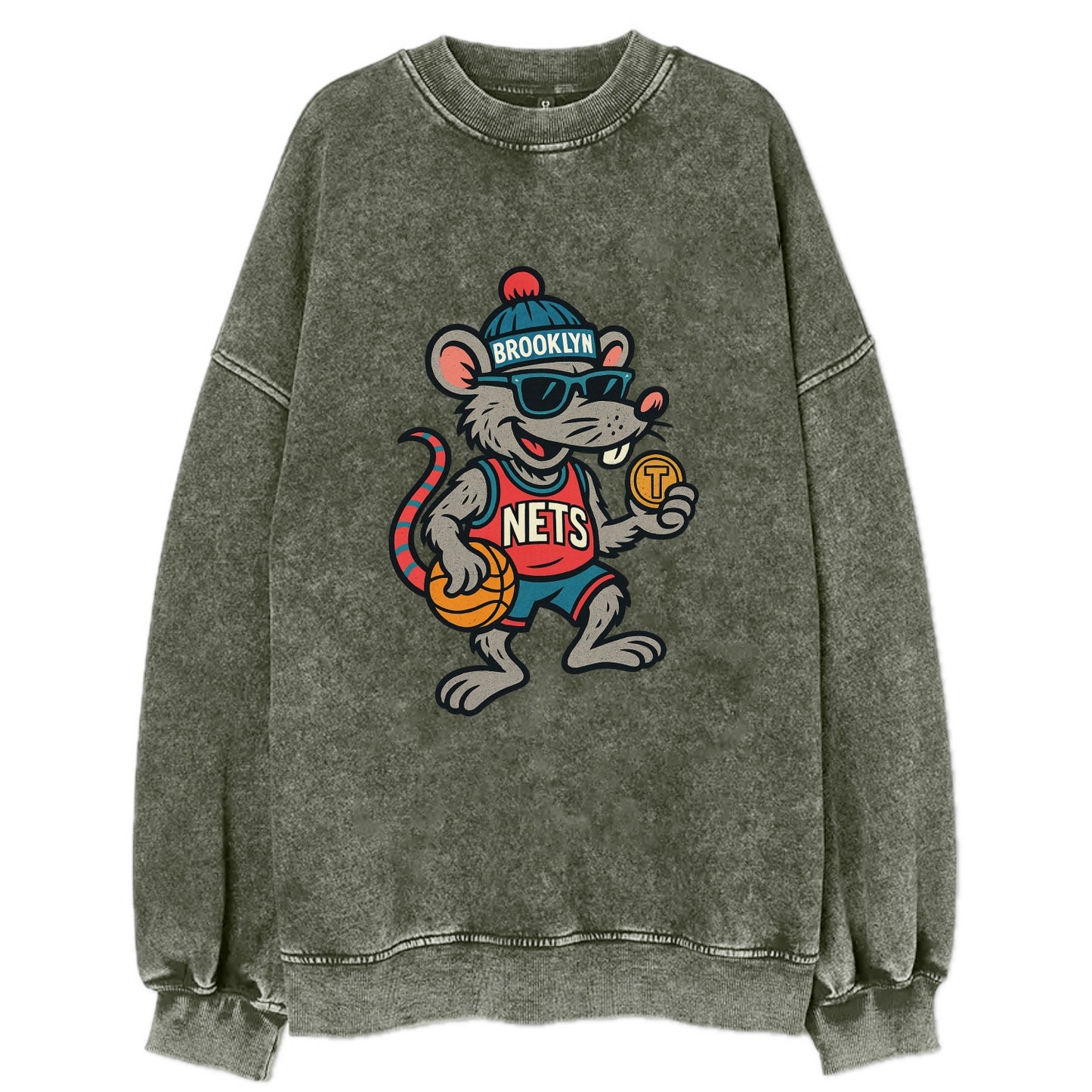 Brooklyn Rat wearing Nets beanie with subway token and wayfarer sunglasses - Vintage Sweatshirt - Forest Mist(Green)