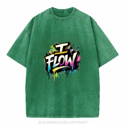 Bold typography design - "I FLOW" - going with life, easy movement - Vintage T-shirt - Forest Mist(Green)