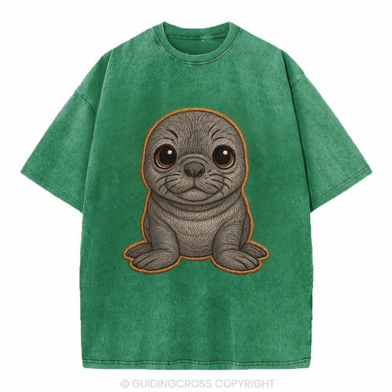 Baby Elephant Seal - gray wrinkly, tiny trunk nose, big dark eyes, front-facing, - Vintage T-shirt - Forest Mist(Green)