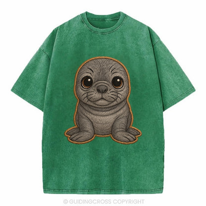 Baby Elephant Seal - gray wrinkly, tiny trunk nose, big dark eyes, front-facing, - Vintage T-shirt - Forest Mist(Green)