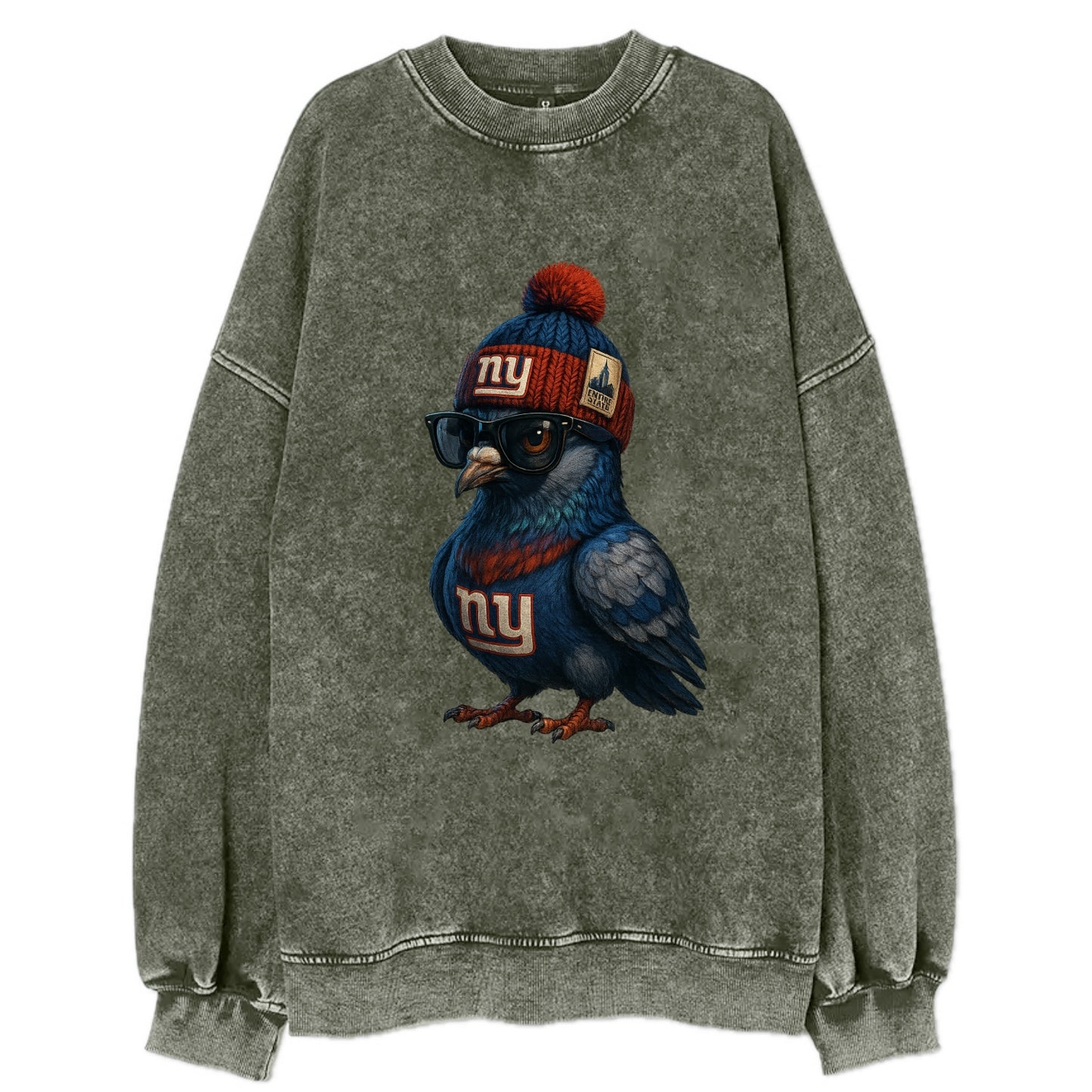 Manhattan Pigeon wearing Giants beanie with Empire State patch and wayfarer - Vintage Sweatshirt - Forest Mist(Green)