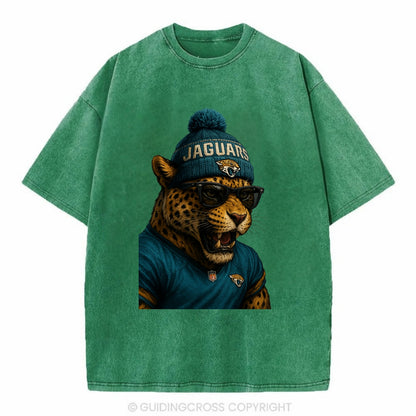 Jacksonville Jaguar wearing Jaguars teal and gold beanie with pom pom and - Vintage T-shirt - Forest Mist(Green)