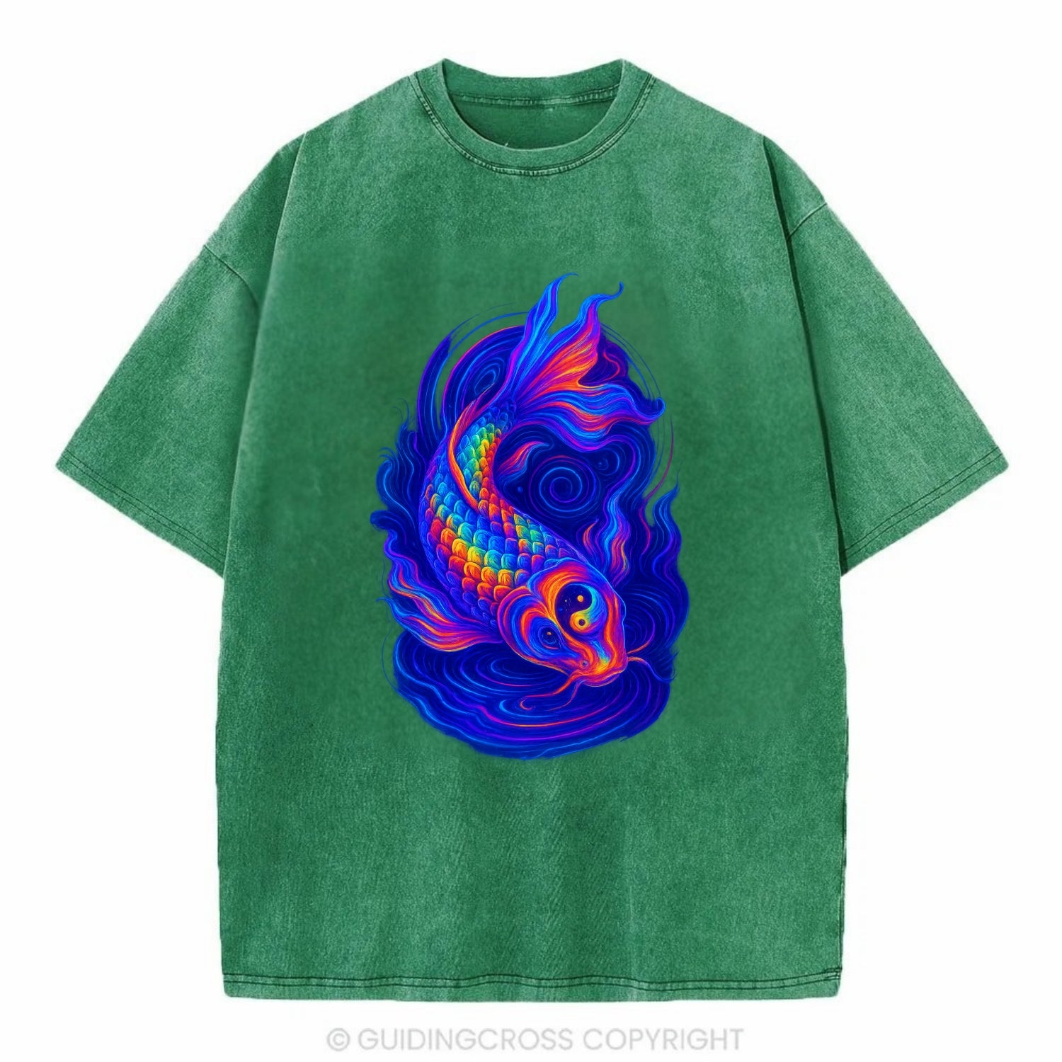 Sacred koi with scales reflecting rainbow prisms, yin-yang patterns in cosmic - Vintage T-shirt - Forest Mist(Green)
