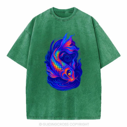 Sacred koi with scales reflecting rainbow prisms, yin-yang patterns in cosmic - Vintage T-shirt - Forest Mist(Green)