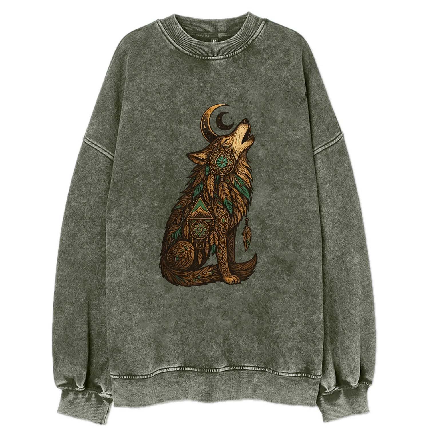Celestial Moon Wolf  - Vintage Sweatshirt - Forest Mist(Green)