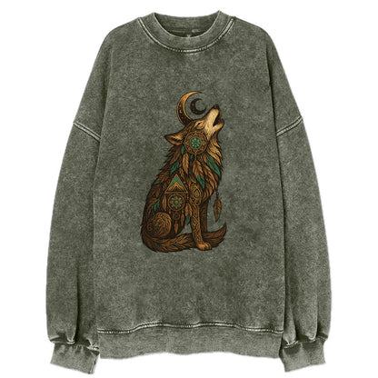 Celestial Moon Wolf  - Vintage Sweatshirt - Forest Mist(Green)