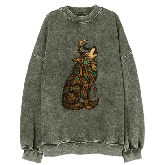 Celestial Moon Wolf  - Vintage Sweatshirt - Forest Mist(Green)