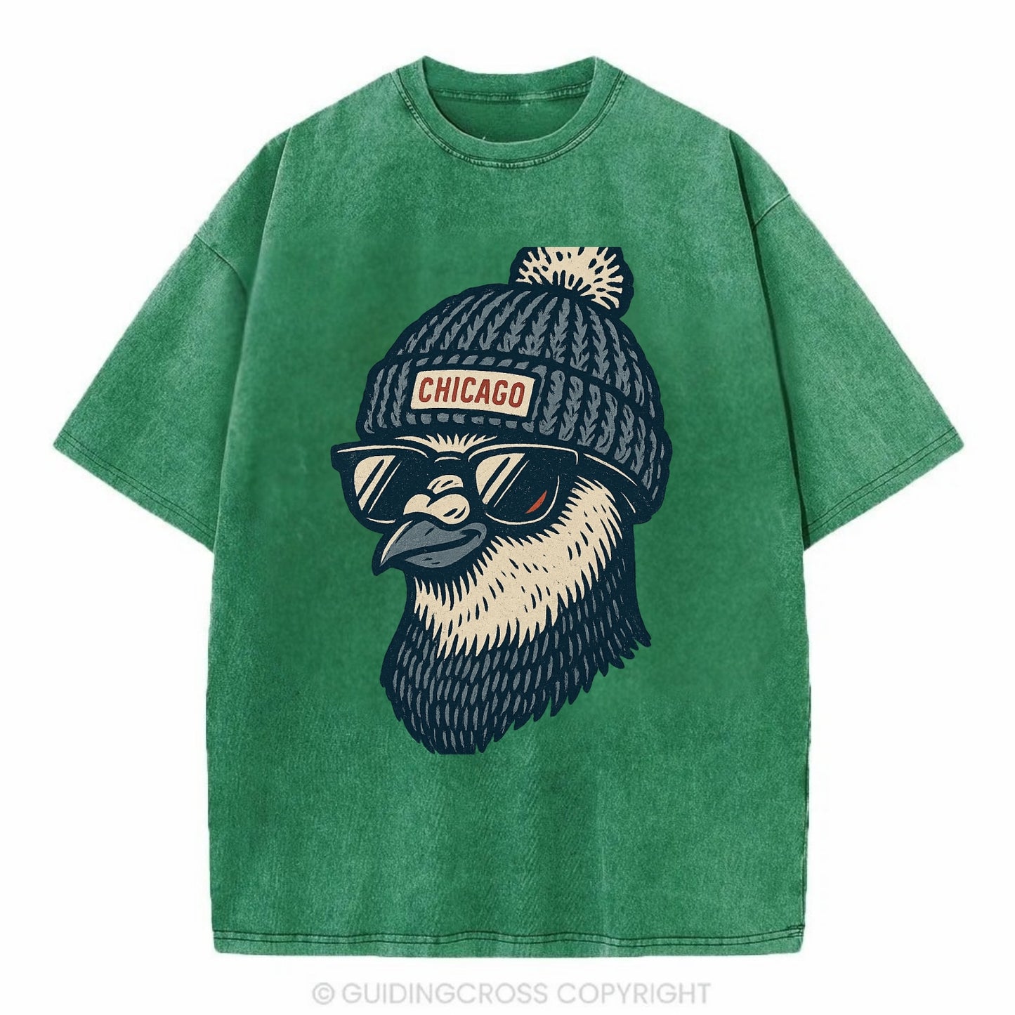 Chicago Pigeon wearing Chicago beanie with pom pom and wayfarer sunglasses - Vintage T-shirt - Forest Mist(Green)