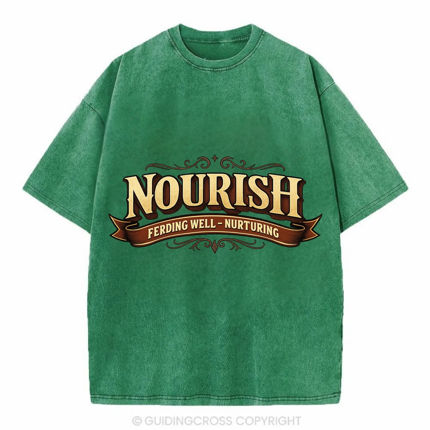 Bold typography design - "NOURISH" - feeding well, nurturing - Vintage T-shirt - Forest Mist(Green)