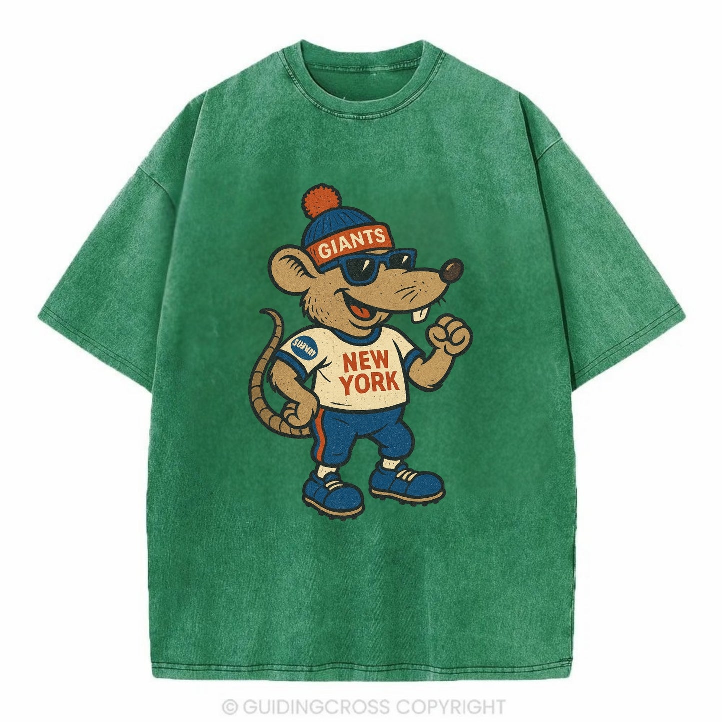 New York Rat wearing Giants beanie with subway patch and wayfarer sunglasses - Vintage T-shirt - Forest Mist(Green)