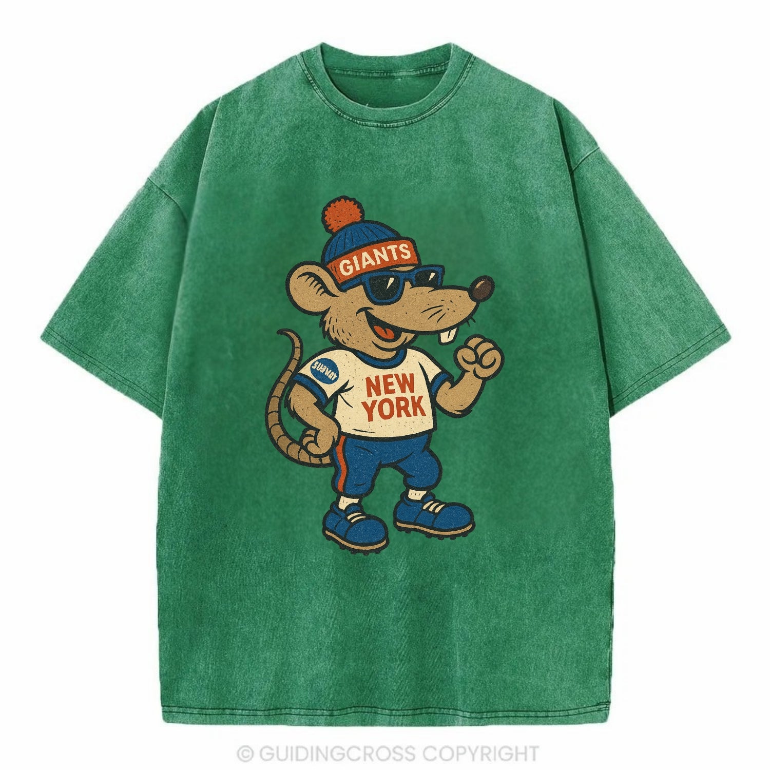 New York Rat wearing Giants beanie with subway patch and wayfarer sunglasses - Vintage T-shirt - Forest Mist(Green)