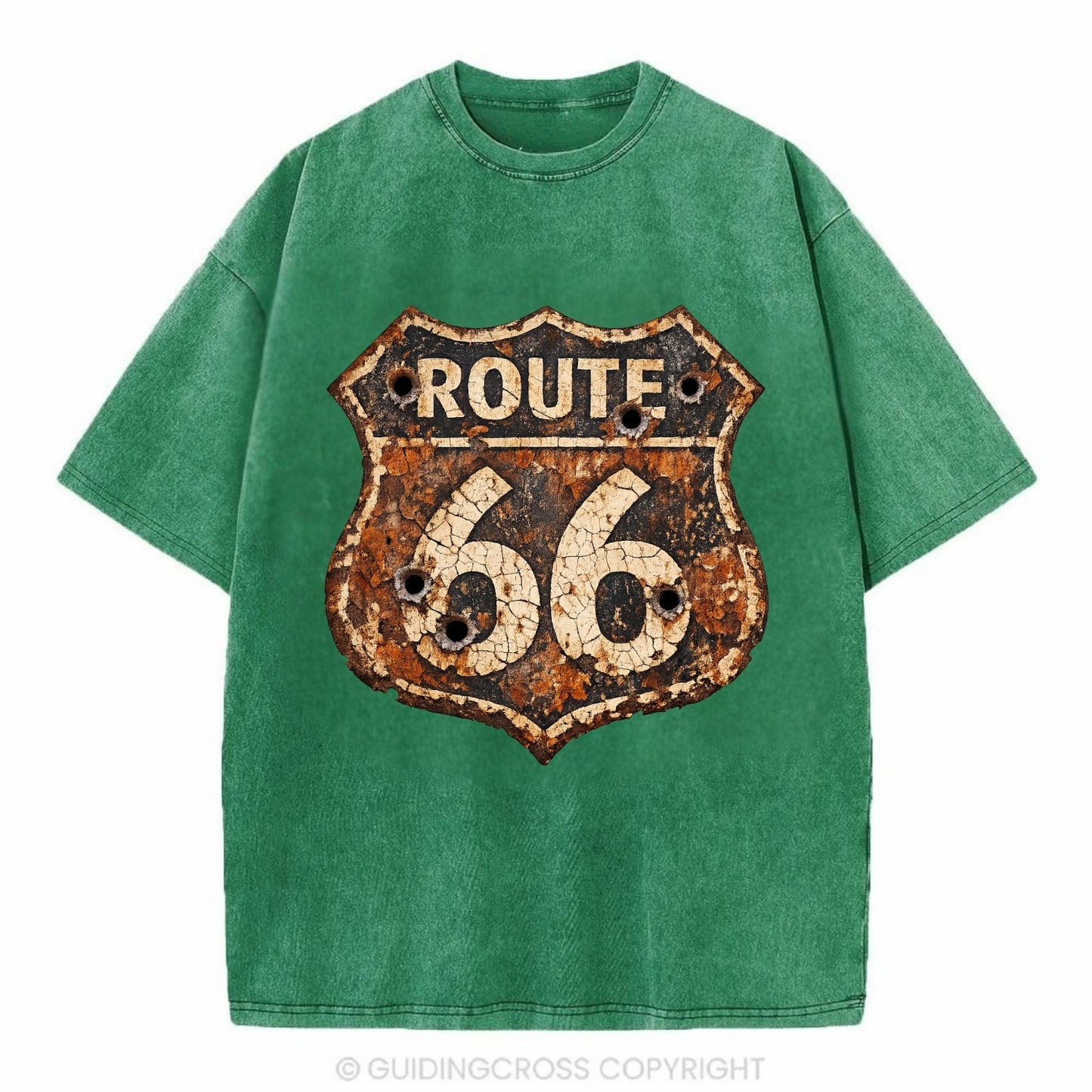 WEATHERED MARKER | Rust-aged Route 66 sign | Desert sun-bleached | Bullet holes - Vintage T-shirt - Forest Mist(Green)