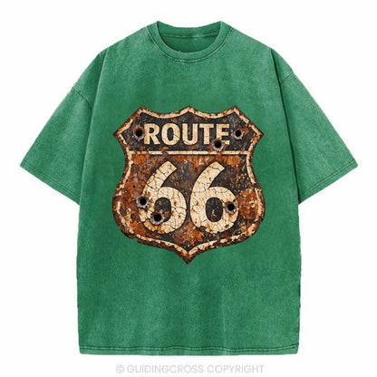 WEATHERED MARKER | Rust-aged Route 66 sign | Desert sun-bleached | Bullet holes - Vintage T-shirt - Forest Mist(Green)