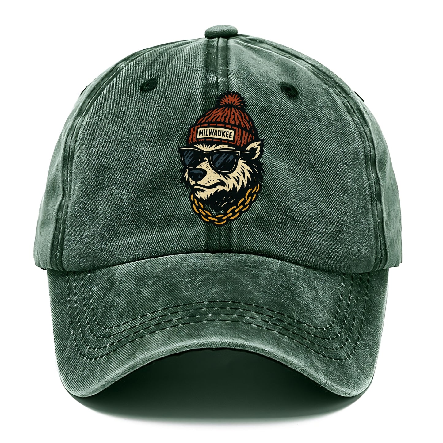 Milwaukee Badger wearing Milwaukee beanie with pom pom and wayfarer sunglasses - Classic Cap - Forest Mist(Green)
