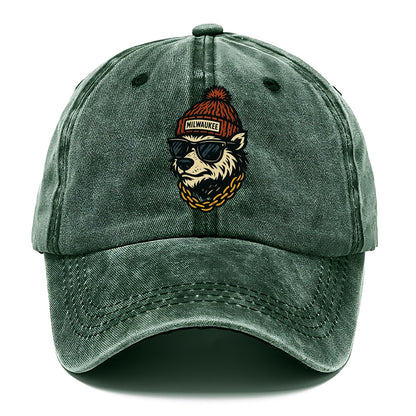 Milwaukee Badger wearing Milwaukee beanie with pom pom and wayfarer sunglasses - Classic Cap - Forest Mist(Green)