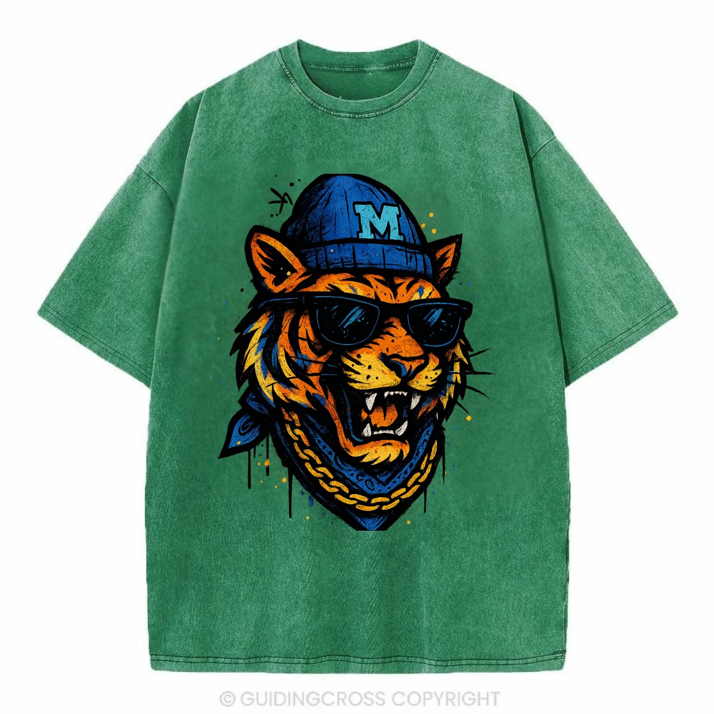 Memphis Tiger wearing Memphis beanie with M patch - Vintage T-shirt - Forest Mist(Green)