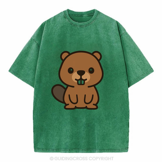 Baby Beaver - brown fur, paddle tail, buck teeth, friendly eyes, front-facing, - Vintage T-shirt - Forest Mist(Green)