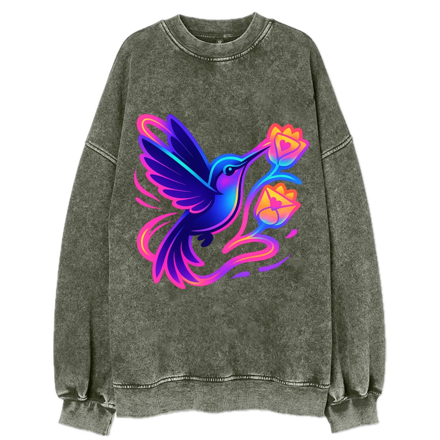 Hummingbird delivering miniature love letters tucked inside flower envelopes - Vintage Sweatshirt - Forest Mist(Green)