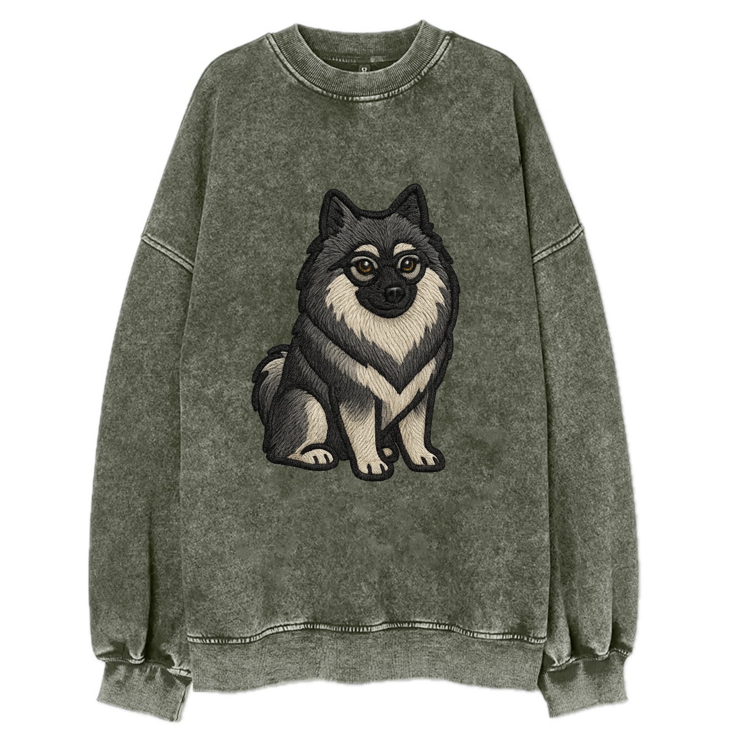 Keeshond - Gray and black spectacles embroidered design - Vintage Sweatshirt - Forest Mist(Green)