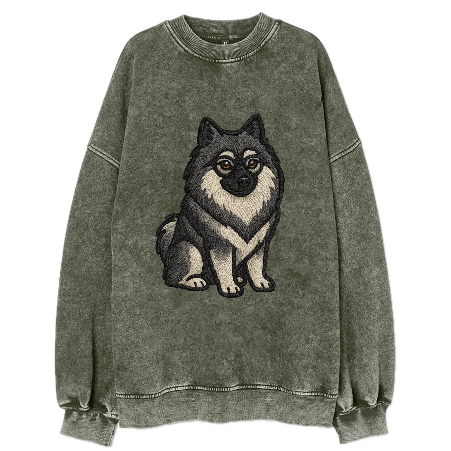 Keeshond - Gray and black spectacles embroidered design - Vintage Sweatshirt - Forest Mist(Green)