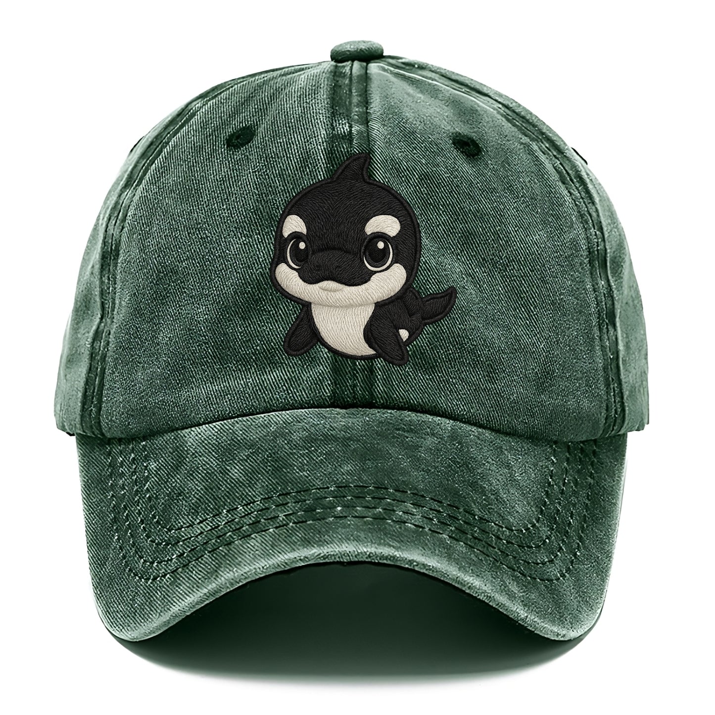 Baby Orca - black and white pattern, white eye patch, front-facing, curious and - Classic Cap - Forest Mist(Green)