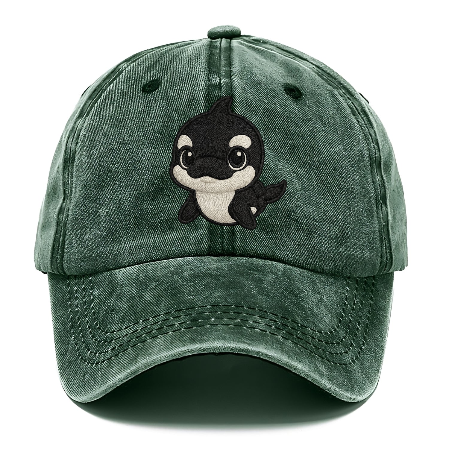 Baby Orca - black and white pattern, white eye patch, front-facing, curious and - Classic Cap - Forest Mist(Green)