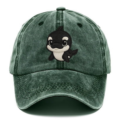 Baby Orca - black and white pattern, white eye patch, front-facing, curious and - Classic Cap - Forest Mist(Green)