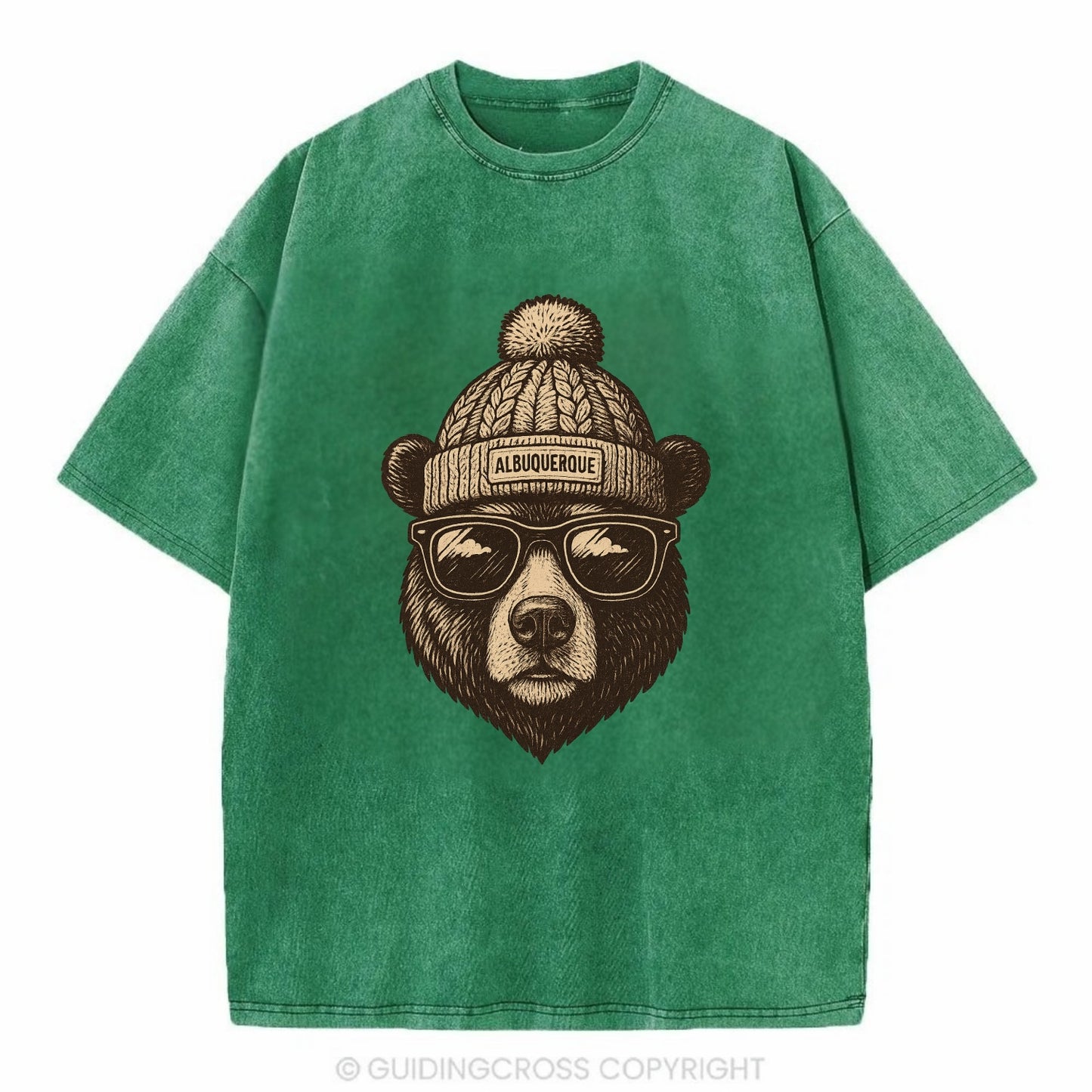 New Mexico Black Bear wearing Albuquerque beanie with pom pom and wayfarer - Vintage T-shirt - Forest Mist(Green)