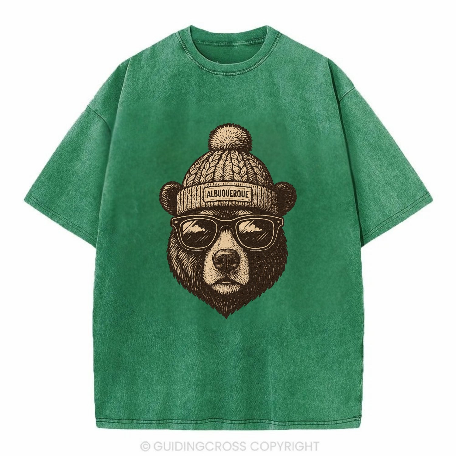 New Mexico Black Bear wearing Albuquerque beanie with pom pom and wayfarer - Vintage T-shirt - Forest Mist(Green)