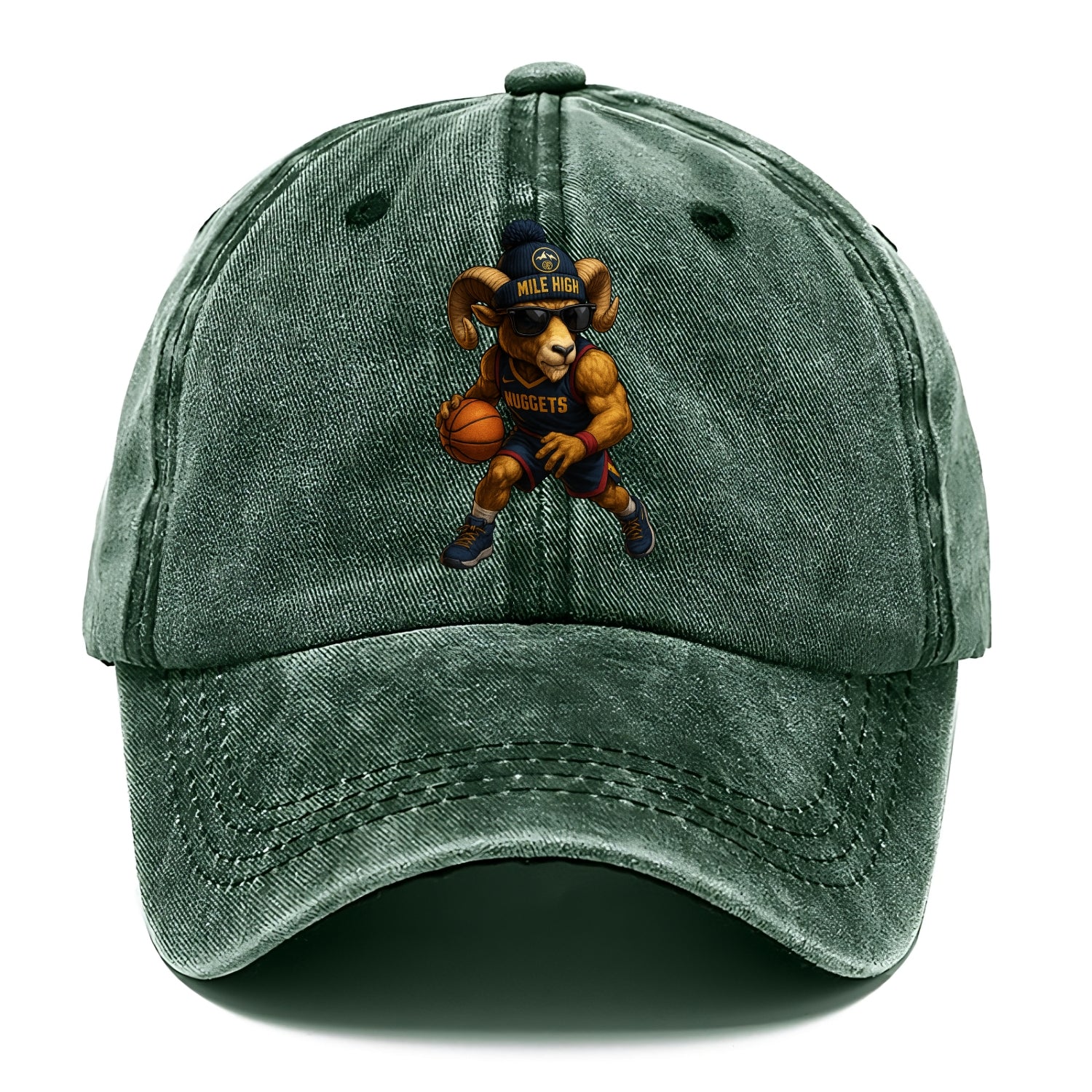 Mile High Bighorn wearing Nuggets beanie with mountain patch and wayfarer sunglasses - Classic Cap - Forest Mist(Green)