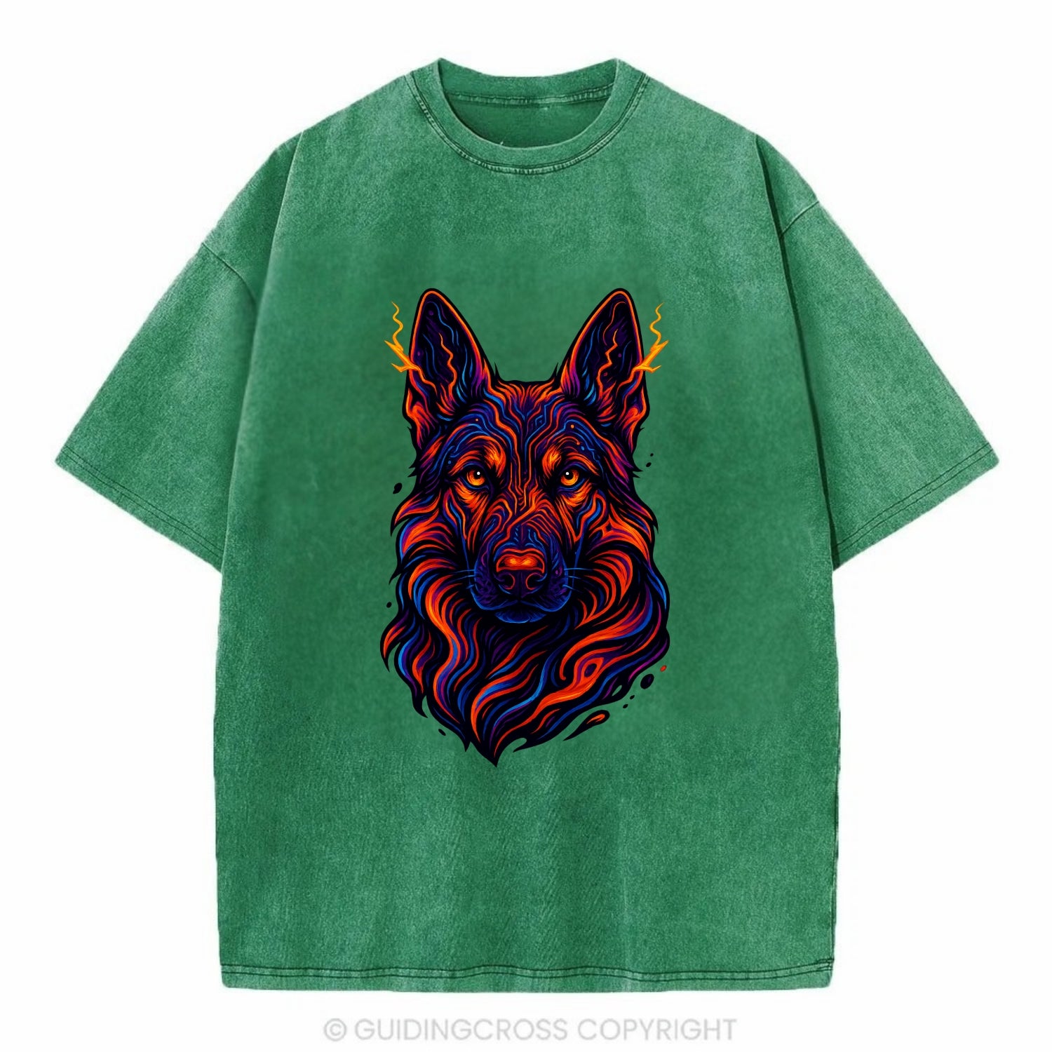 Alert German Shepherd with cyber circuit patterns in the fur, neon orange and - Vintage T-shirt - Forest Mist(Green)