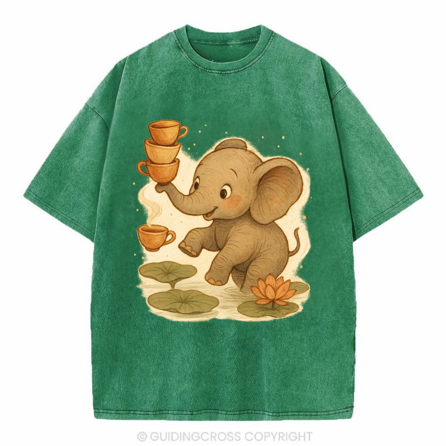 Elephant balancing teacups during a floating tea ceremony beside lotus ponds - Vintage T-shirt - Forest Mist(Green)