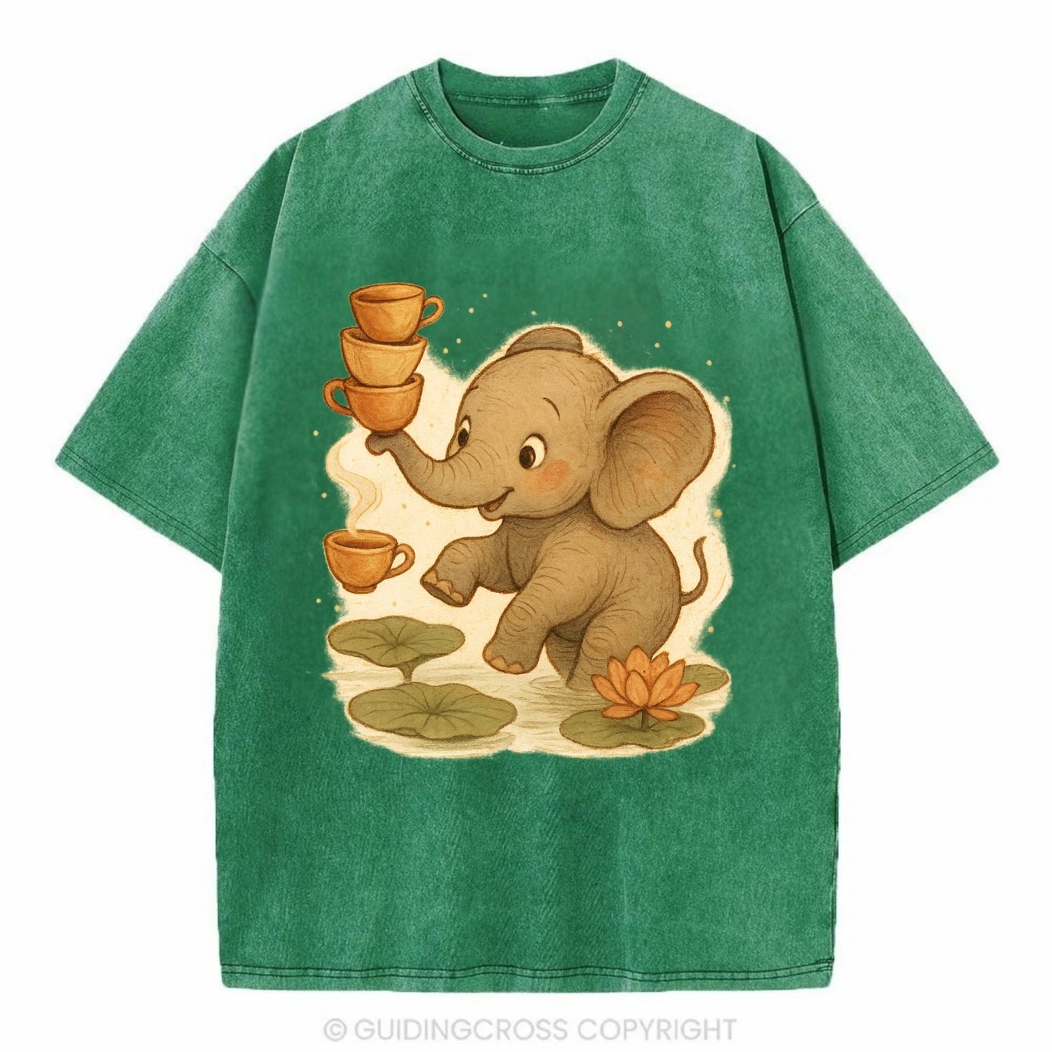 Elephant balancing teacups during a floating tea ceremony beside lotus ponds - Vintage T-shirt - Forest Mist(Green)