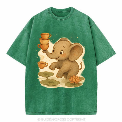 Elephant balancing teacups during a floating tea ceremony beside lotus ponds - Vintage T-shirt - Forest Mist(Green)