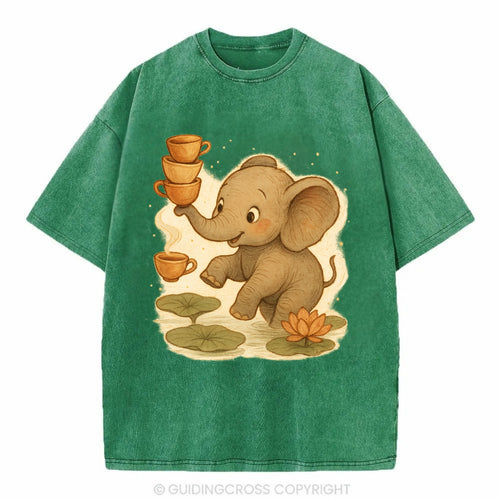 Elephant balancing teacups during a floating tea ceremony beside lotus ponds - Vintage T-shirt