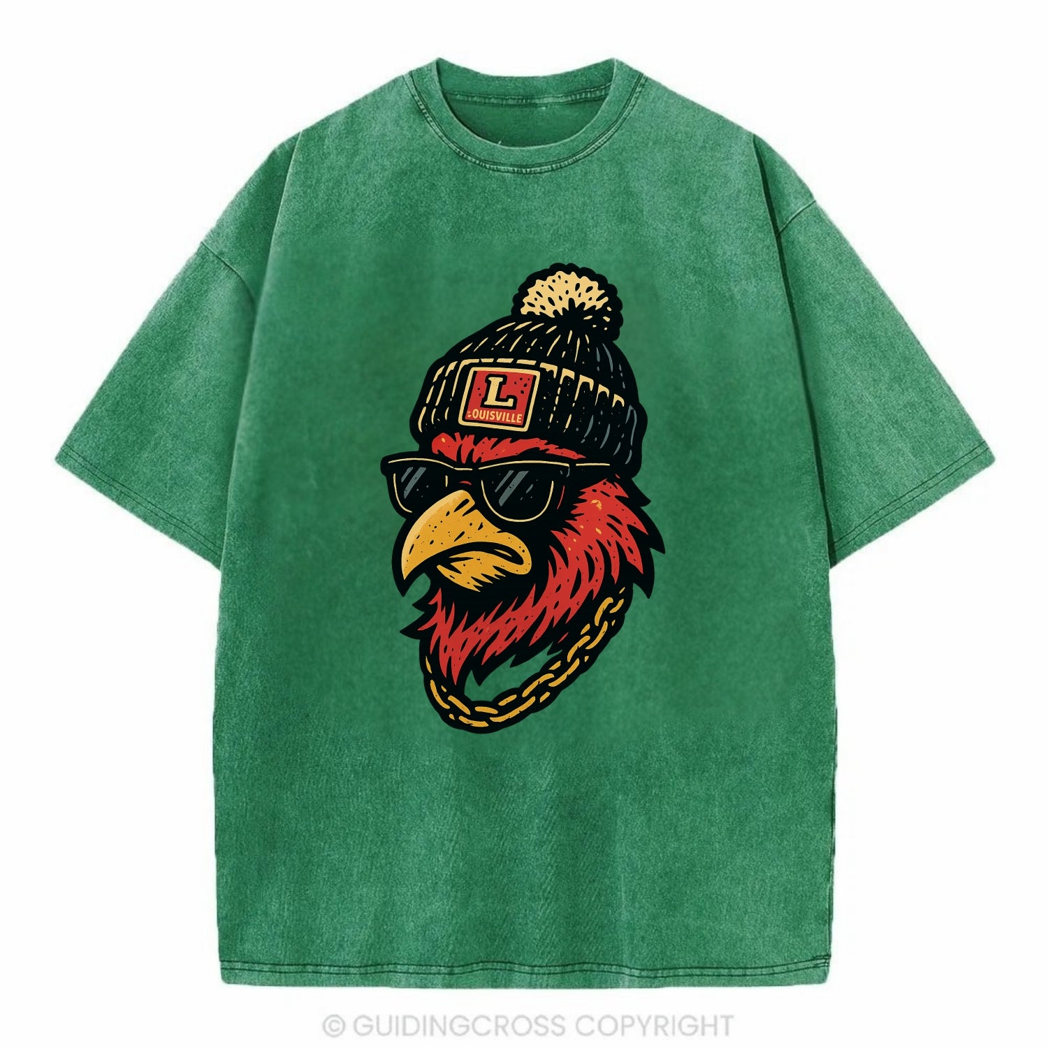 Louisville Cardinal wearing Louisville beanie with L patch - Vintage T-shirt - Forest Mist(Green)