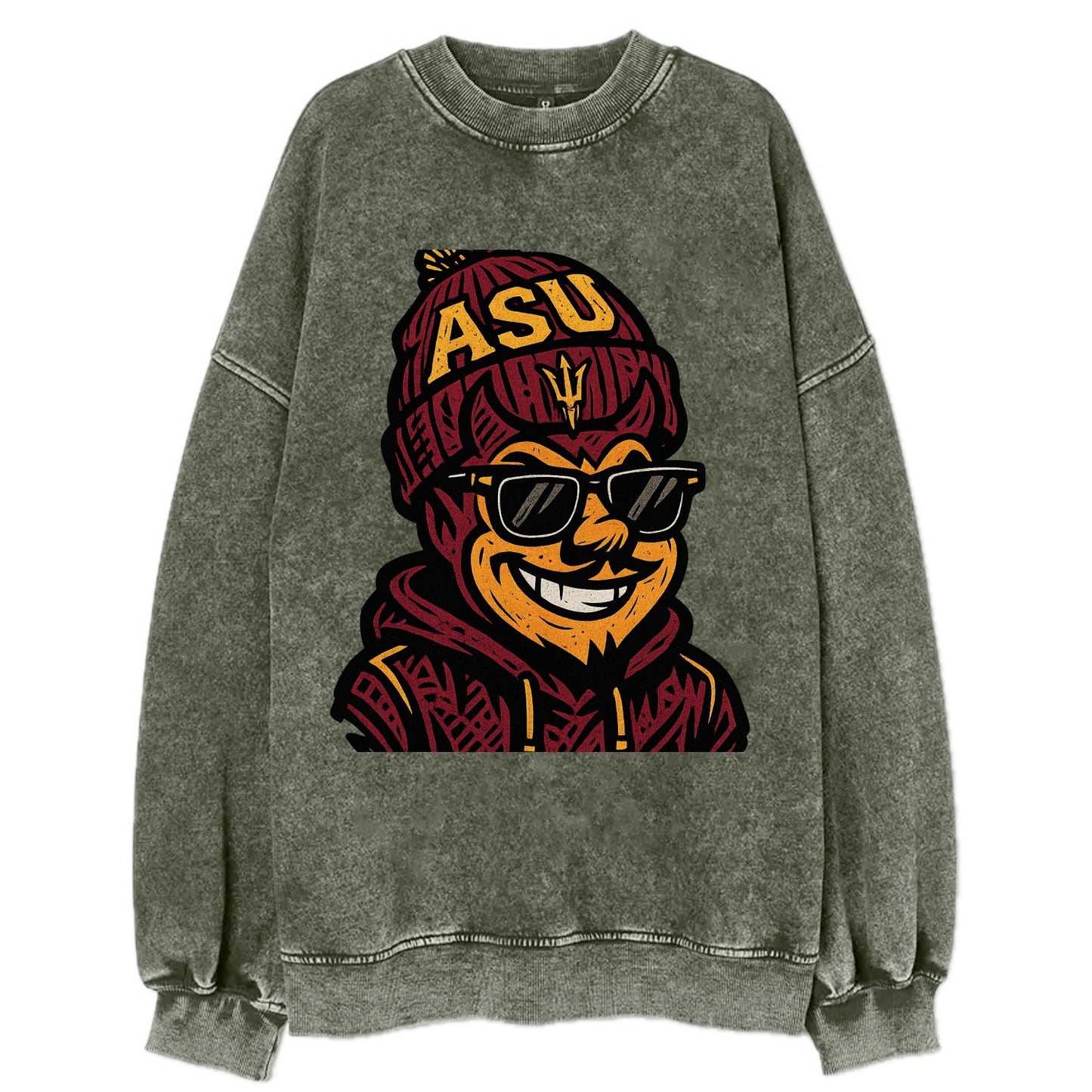 Tempe Sparky wearing Arizona State beanie with fork patch - Vintage Sweatshirt - Forest Mist(Green)