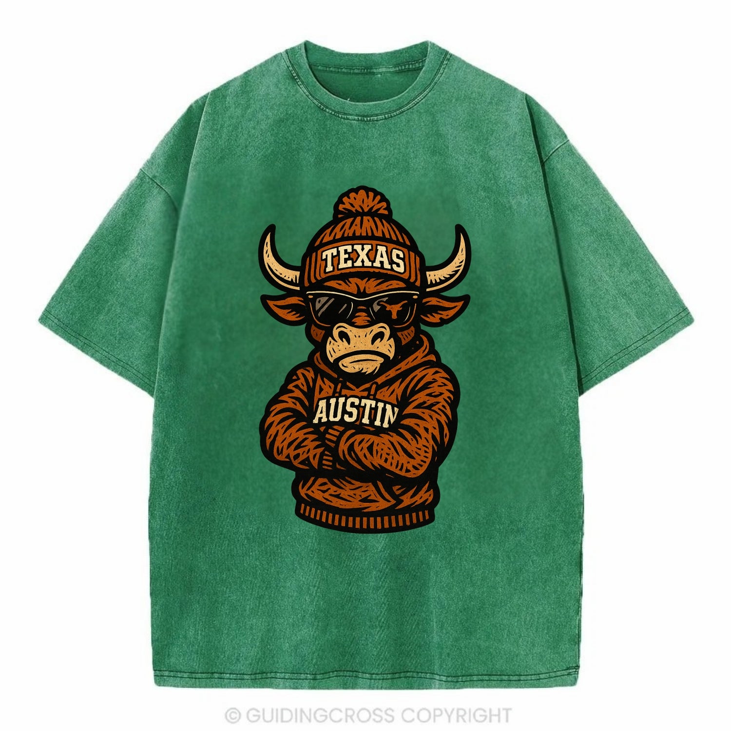 Austin Bevo wearing Texas beanie with longhorn patch - Vintage T-shirt - Forest Mist(Green)