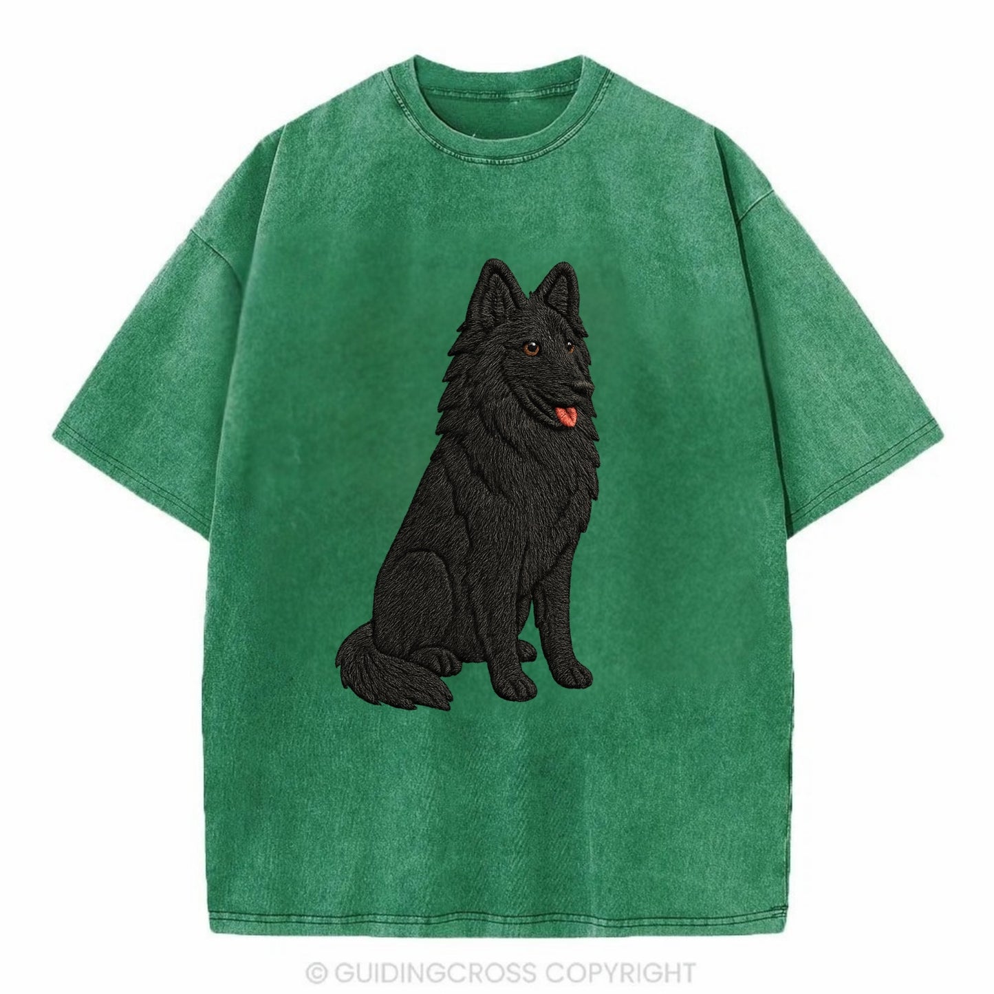 Belgian Sheepdog - Black long-haired embroidered pose - Vintage T-shirt - Forest Mist(Green)